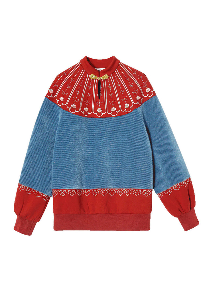 Stylish Blue Red Patchwork Embroideried Button Warm Fleece Sweatshirts Long Sleeve