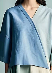 Stylish Blue Ruffled Patchwork Cotton Tops Half Sleeve