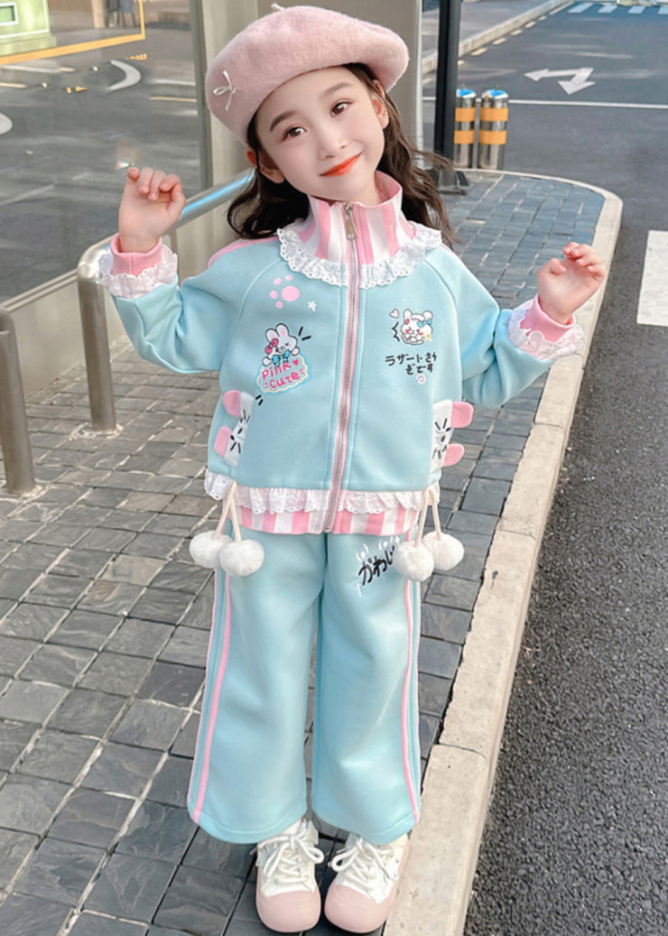 Stylish Blue Ruffled Patchwork Kids Coats And Straight Pants Two Pieces Set Spring