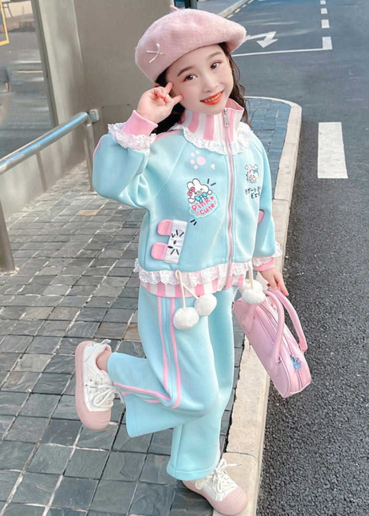 Stylish Blue Ruffled Patchwork Kids Coats And Straight Pants Two Pieces Set Spring