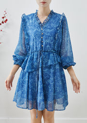 Stylish Blue Ruffled Print Chiffon Cinched Dresses Fall