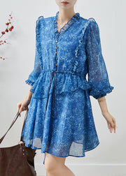 Stylish Blue Ruffled Print Chiffon Cinched Dresses Fall