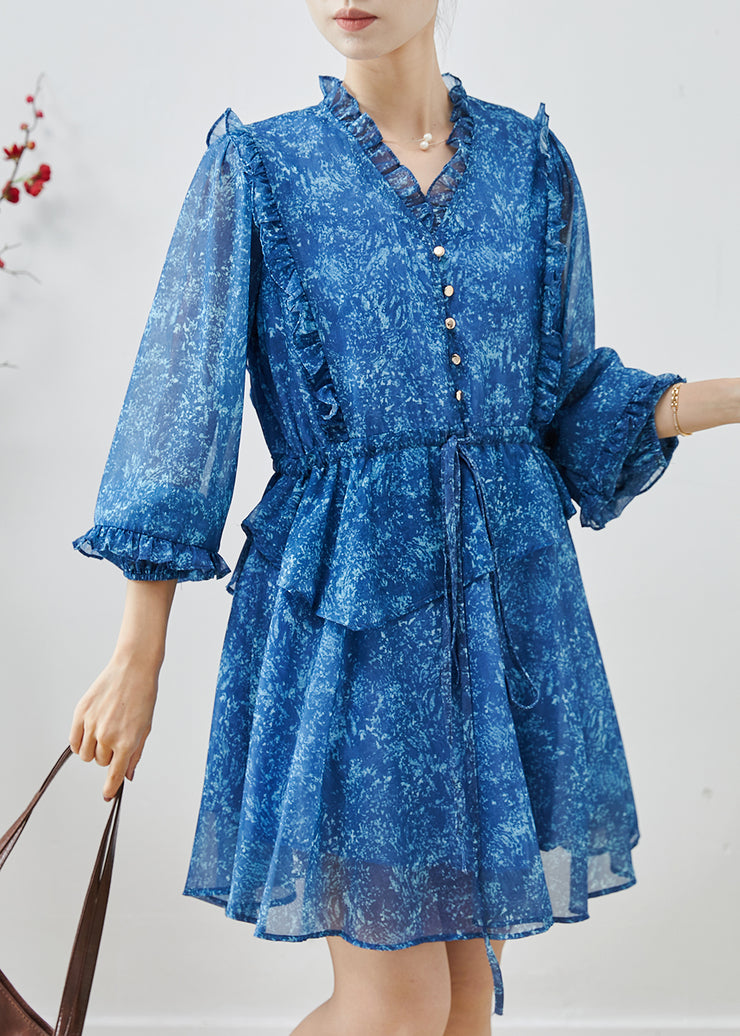 Stylish Blue Ruffled Print Chiffon Cinched Dresses Fall