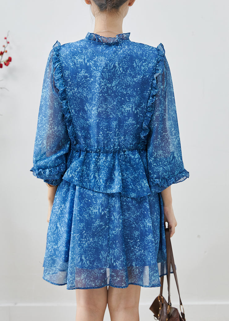 Stylish Blue Ruffled Print Chiffon Cinched Dresses Fall