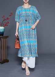 Stylish Blue Ruffled Print Silk Long Dresses Summer