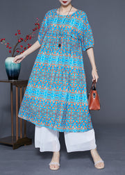 Stylish Blue Ruffled Print Silk Long Dresses Summer