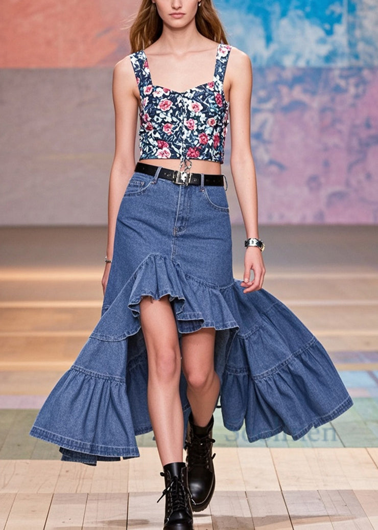 Stylish Blue Ruffles Patchwork Low High Design Denim Wraped Skirts Spring