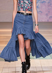 Stylish Blue Ruffles Patchwork Low High Design Denim Wraped Skirts Spring