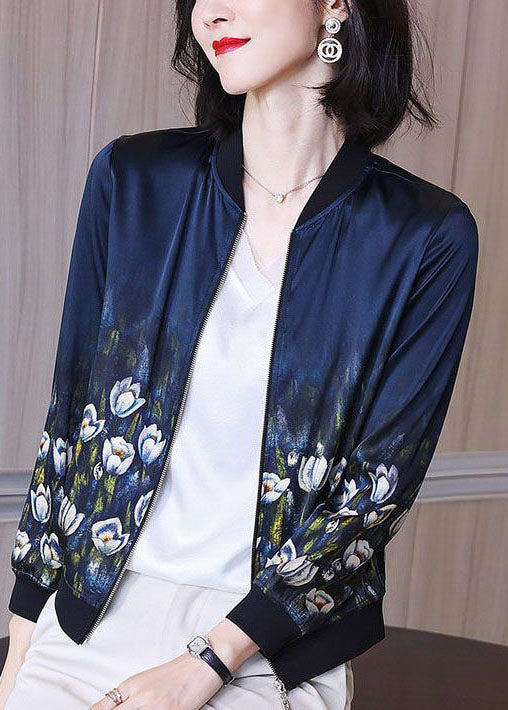 Stylish Blue Stand Collar Zip Up Print Silk Jackets Spring