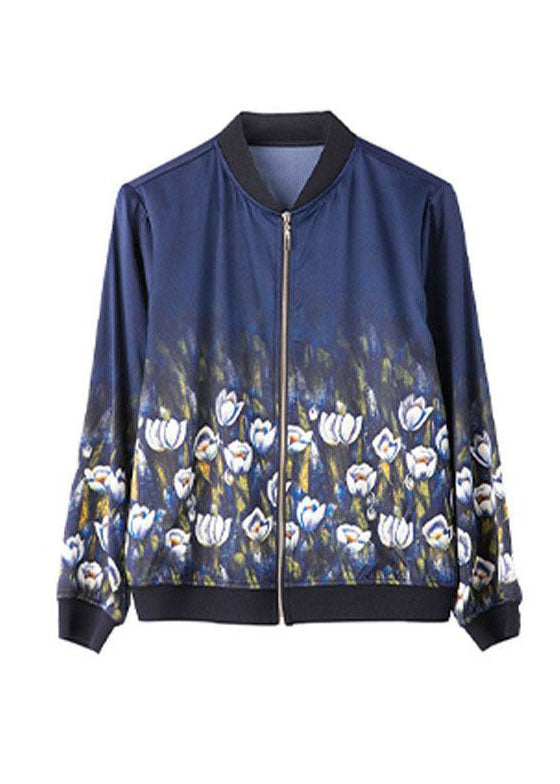 Stylish Blue Stand Collar Zip Up Print Silk Jackets Spring