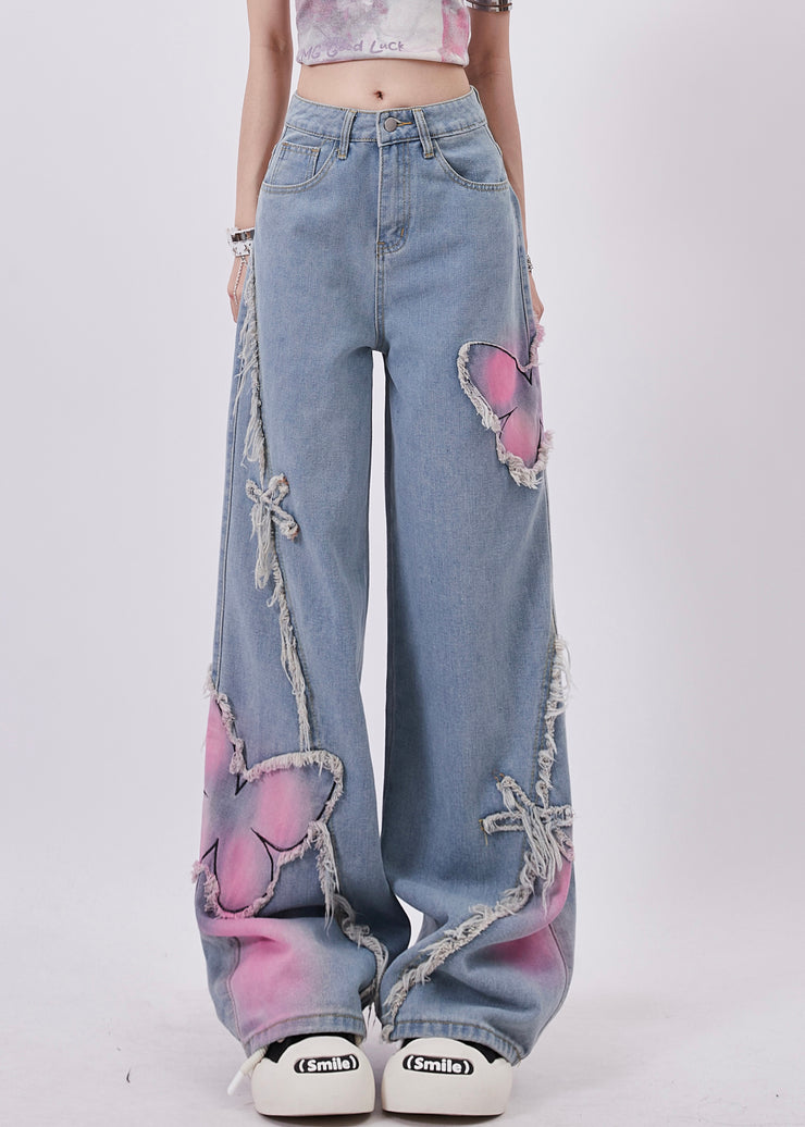 Stylish Blue Tassel Butterfly Patch Denim Straight Pants Spring