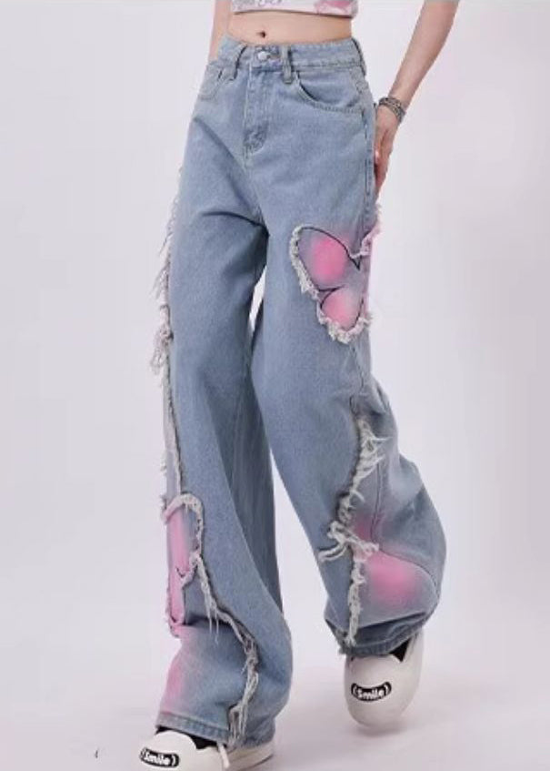 Stylish Blue Tassel Butterfly Patch Denim Straight Pants Spring