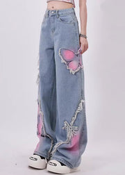 Stylish Blue Tassel Butterfly Patch Denim Straight Pants Spring