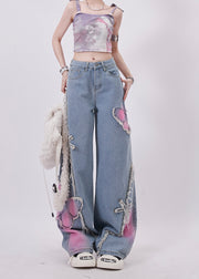 Stylish Blue Tassel Butterfly Patch Denim Straight Pants Spring