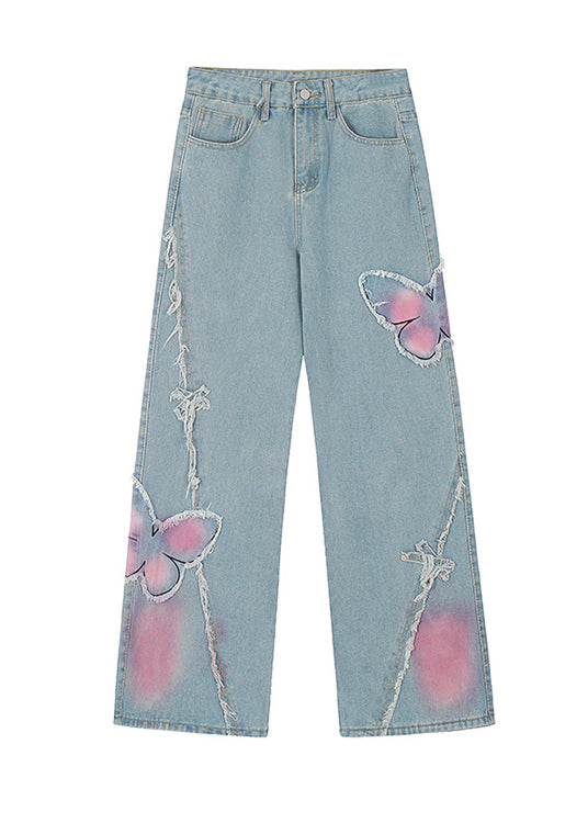 Stylish Blue Tassel Butterfly Patch Denim Straight Pants Spring