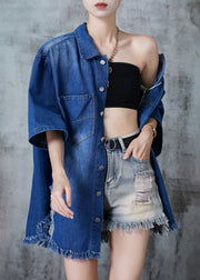 Stylish Blue Tasseled Oversized Denim Ripped Blouse Tops Summer