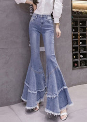 Stylish Blue Tasseled Patchwork Denim Flared Trousers Spring