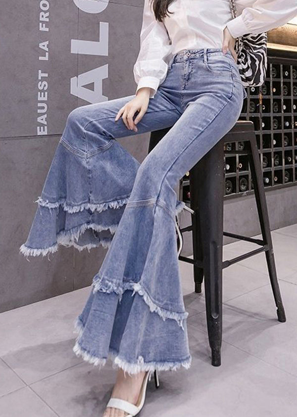 Stylish Blue Tasseled Patchwork Denim Flared Trousers Spring