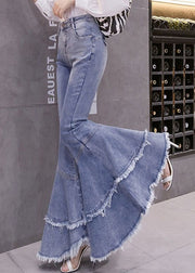 Stylish Blue Tasseled Patchwork Denim Flared Trousers Spring