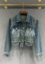 Stylish Blue Tasseled Rivet Patchwork Denim Jacket Fall