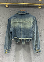 Stylish Blue Tasseled Rivet Patchwork Denim Jacket Fall