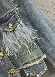 Stylish Blue Tasseled Rivet Patchwork Denim Jacket Fall