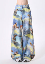 Stylish Blue Tie Dye Print Cotton Straight Pants Spring