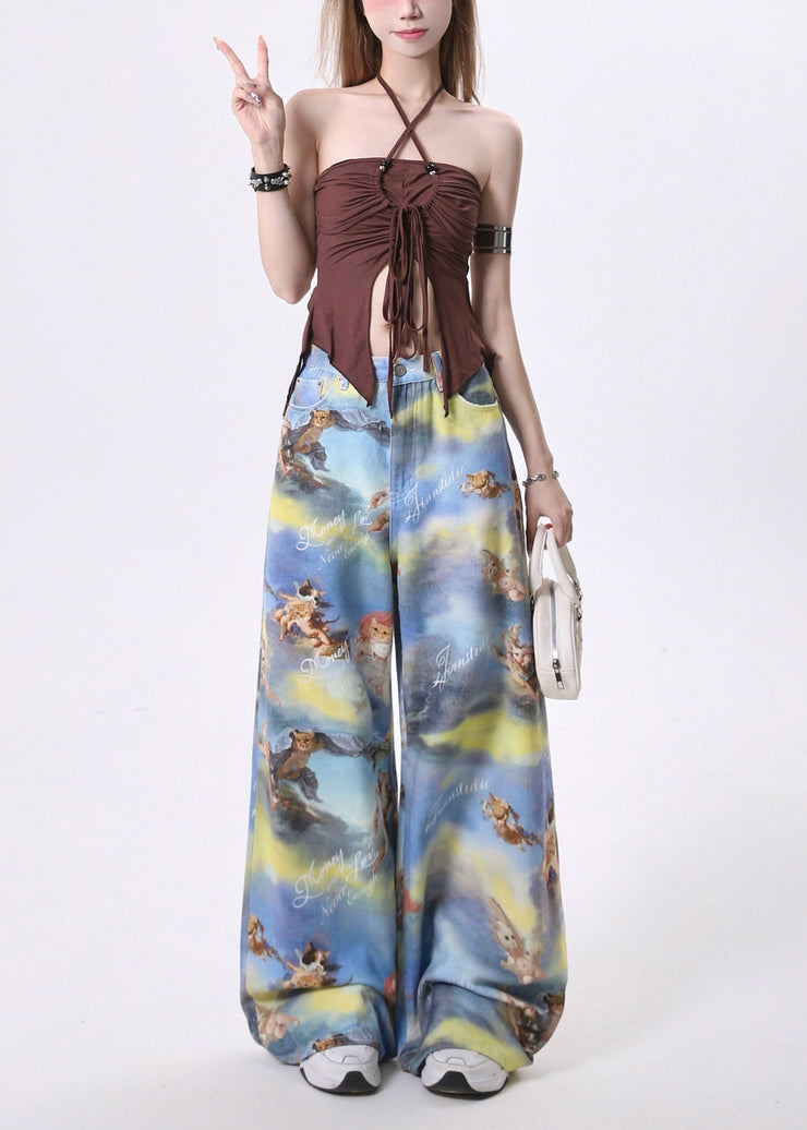 Stylish Blue Tie Dye Print Cotton Straight Pants Spring