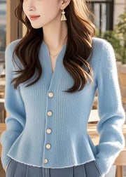 Stylish Blue V Neck Button Solid Knit Sweater Spring