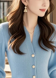 Stylish Blue V Neck Button Solid Knit Sweater Spring