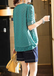 Stylish Blue V Neck Embroideried Lace Patchwork Chiffon Shirt Summer