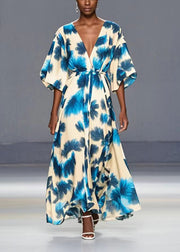 Stylish Blue V Neck Print Chiffon Cinched Dress Summer