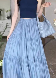 Stylish Blue Wrinkled Patchwork High Waist Cotton Skirt Summer