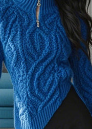 Stylish Blue Zip Up Asymmetrical Design Knit Sweaters Spring