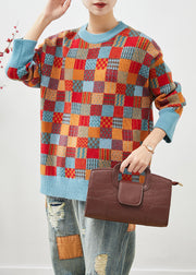 Stylish Brick Red Oversized Plaid Knit Sweater Tops Winter