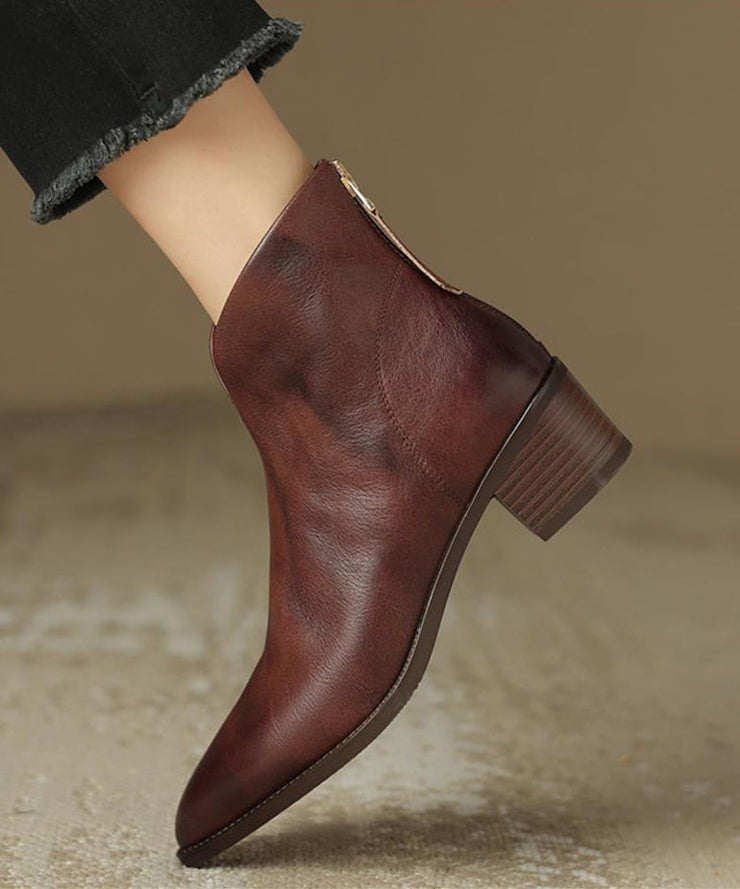 Stylish Brown Boots Chunky Faux Leather Pointed Toe