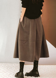 Stylish Brown Elastic Waist Pockets Woolen Skirts Winter