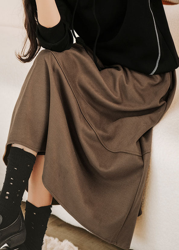 Stylish Brown Elastic Waist Pockets Woolen Skirts Winter