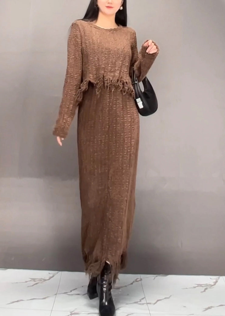 Stylish Brown O-Neck Asymmetrical Tassel Top And Maxi Skirts Two Pieces Set Spring