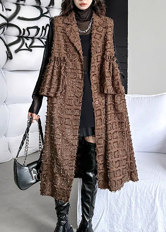 Stylish Brown Peter Pan Collar Pockets Cotton Long Vest Sleeveless