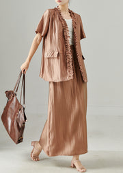 Stylish Brown Ruffled Silk Women Sets 2 Pieces Summer