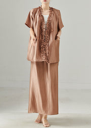 Stylish Brown Ruffled Silk Women Sets 2 Pieces Summer