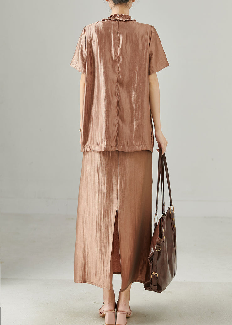 Stylish Brown Ruffled Silk Women Sets 2 Pieces Summer