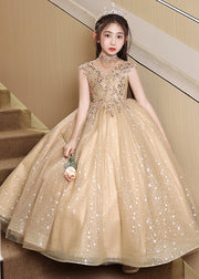 Stylish Brown Sequins Hollow Out Tulle Girls Vacation Long Dresses Sleeveless