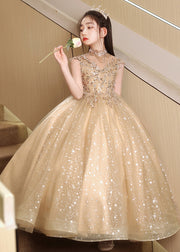 Stylish Brown Sequins Hollow Out Tulle Girls Vacation Long Dresses Sleeveless