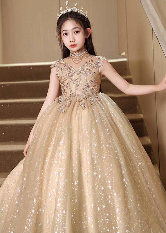 Stylish Brown Sequins Hollow Out Tulle Girls Vacation Long Dresses Sleeveless