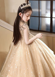 Stylish Brown Sequins Hollow Out Tulle Girls Vacation Long Dresses Sleeveless