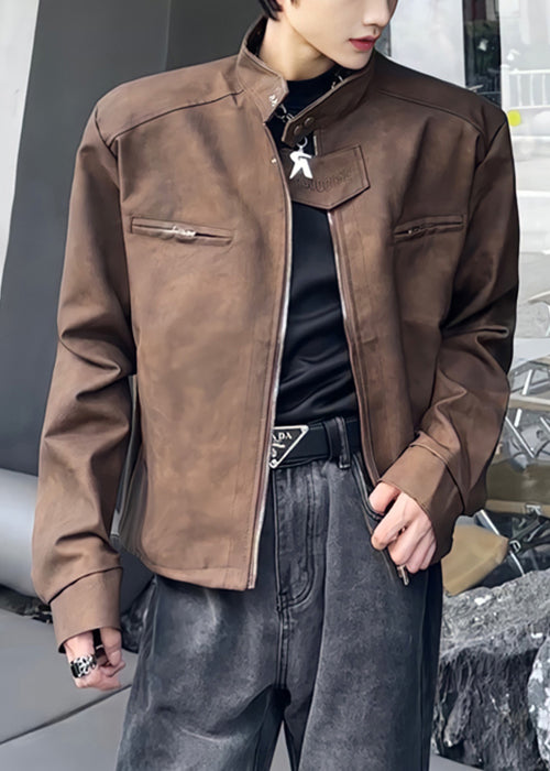 Stylish Brown Stand Collar Zippered Faux Suede Mens Coats Spring