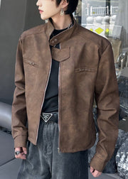 Stylish Brown Stand Collar Zippered Faux Suede Mens Coats Spring