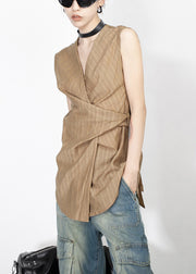 Stylish Brown V Neck Lace Up Silk Cotton Tank Sleeveless